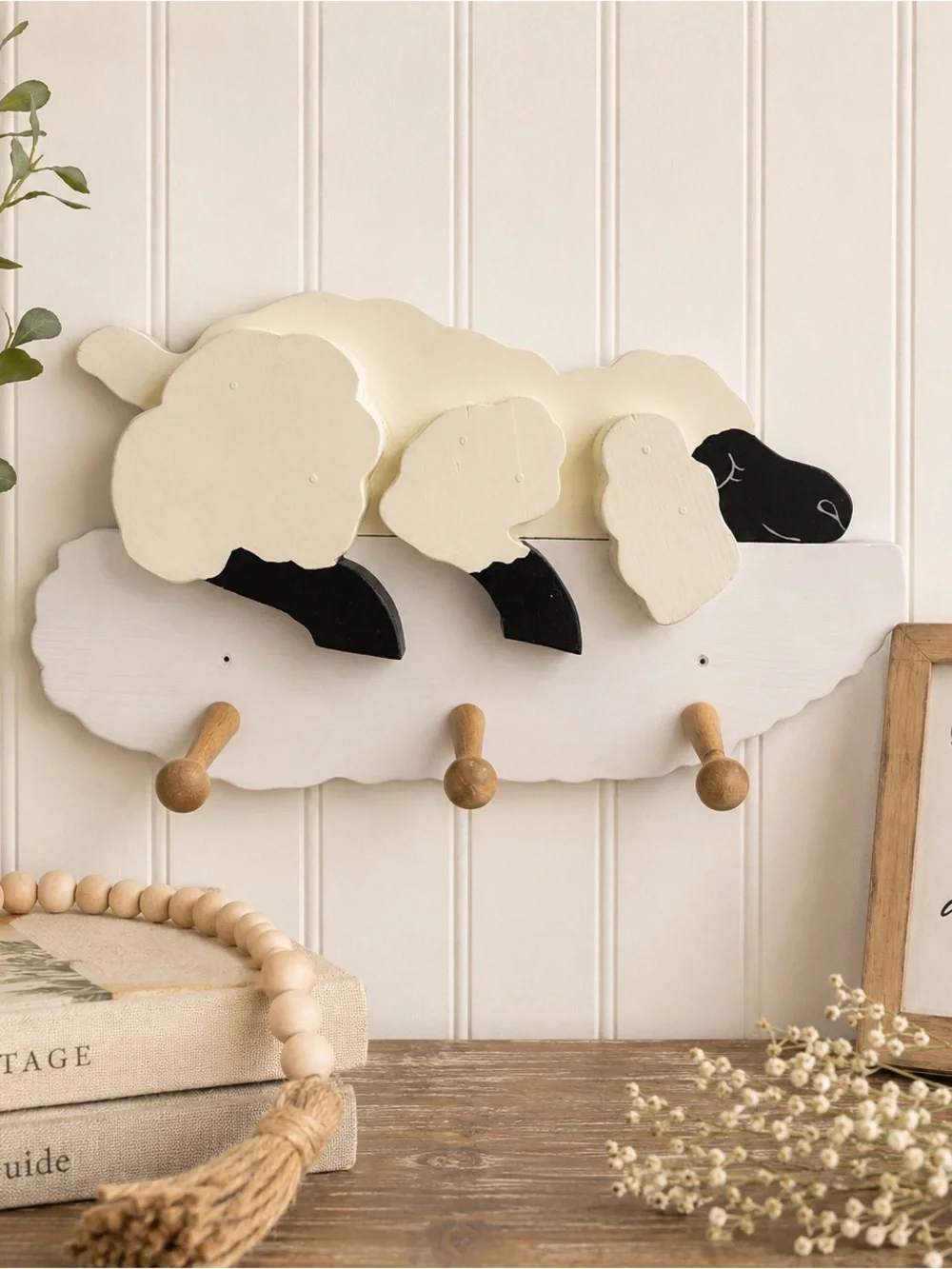 Sheep Wall Hook Rack - Cream and Black Home Wall Decor‎